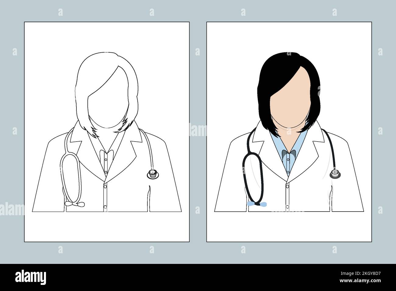 Female doctor line art. Medical doctor coloring page vector. Woman doctor flat design. Female nurse line art. Stethoscope vector. Doctor coloring page Stock Vector