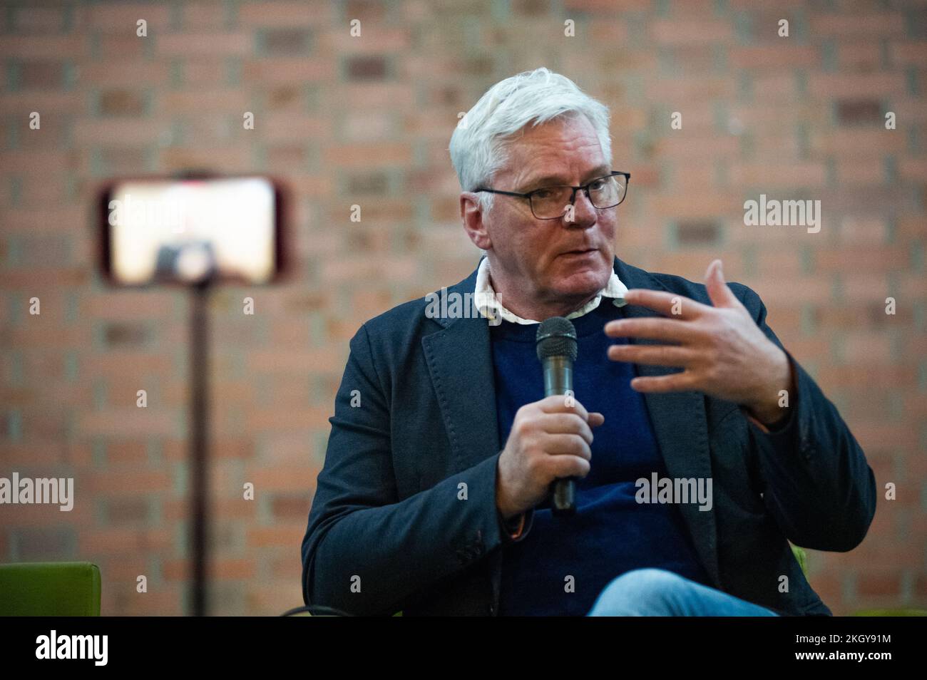 Kristinn Hrafnsson, chief editor of WikiLeaks speaks during a discussion on freedom of expression at Colombia's National University, in Bogota, Colomb Stock Photo