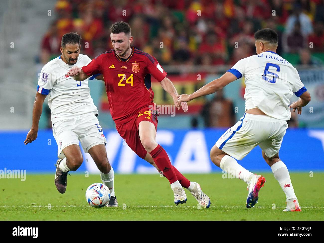 Costa Rica's Celso Borges, Spain's Aymeric Laporte and Costa Rica's Oscar Duarte (left-right) battle for the ball during the FIFA World Cup Group E match at the Al Thumama Stadium, Doha. Picture date: Wednesday November 23, 2022. Stock Photo