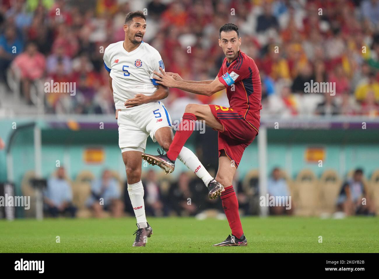 Doha, Qatar. 23rd Nov, 2022. Celso Borges of Costa Rica and Sergio Busquets of Spain during the Qatar 2022 World Cup match, group E, date 1, between Spain and Costa Rica played at Al Thumama Stadium on Nov 23, 2022 in Doha, Qatar. (Photo by Bagu Blanco / PRESSINPHOTO) Credit: PRESSINPHOTO SPORTS AGENCY/Alamy Live News Credit: PRESSINPHOTO SPORTS AGENCY/Alamy Live News Stock Photo