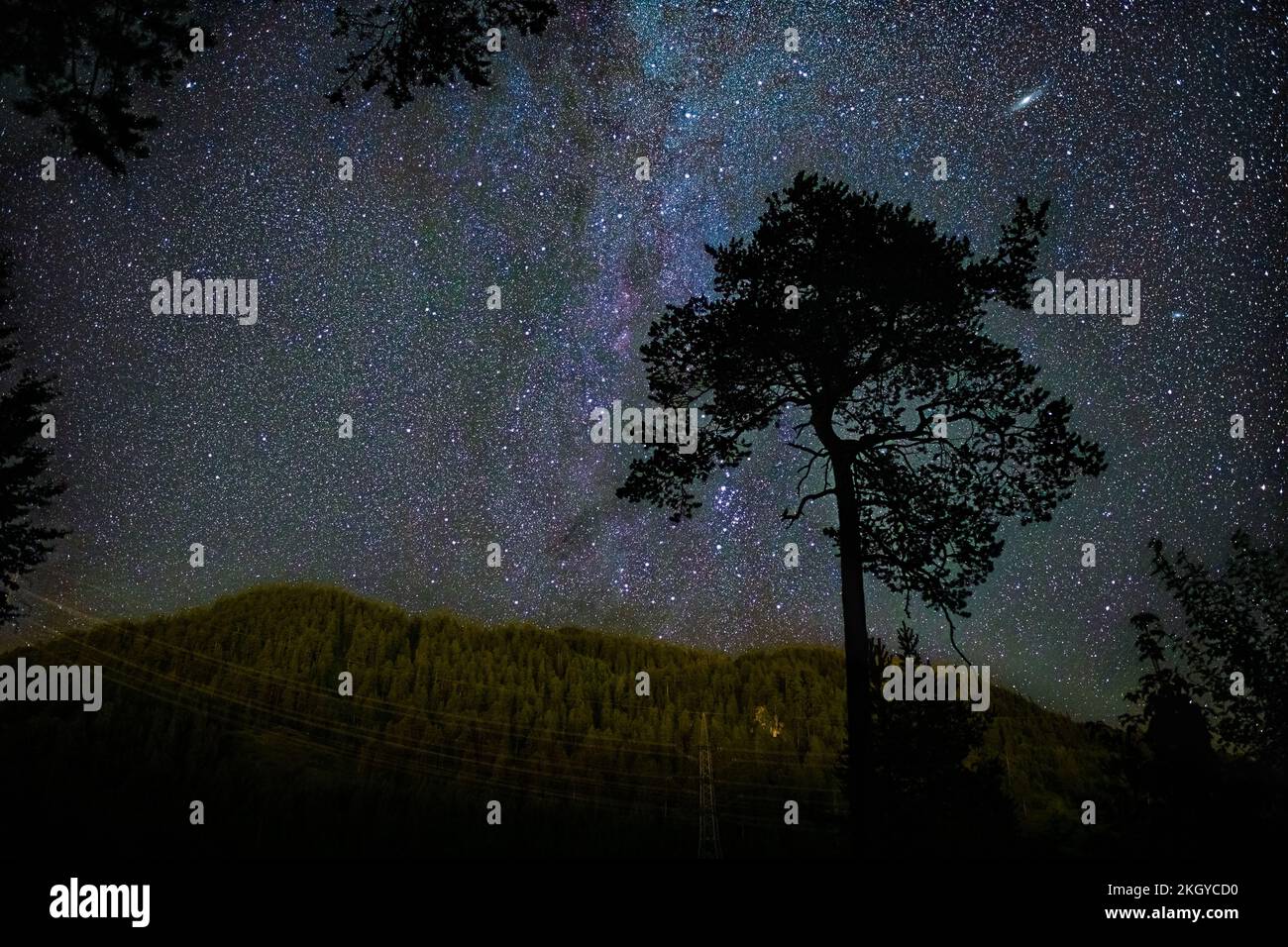 Night sky between trees at lake Urisee with alps mountains in background Stock Photo