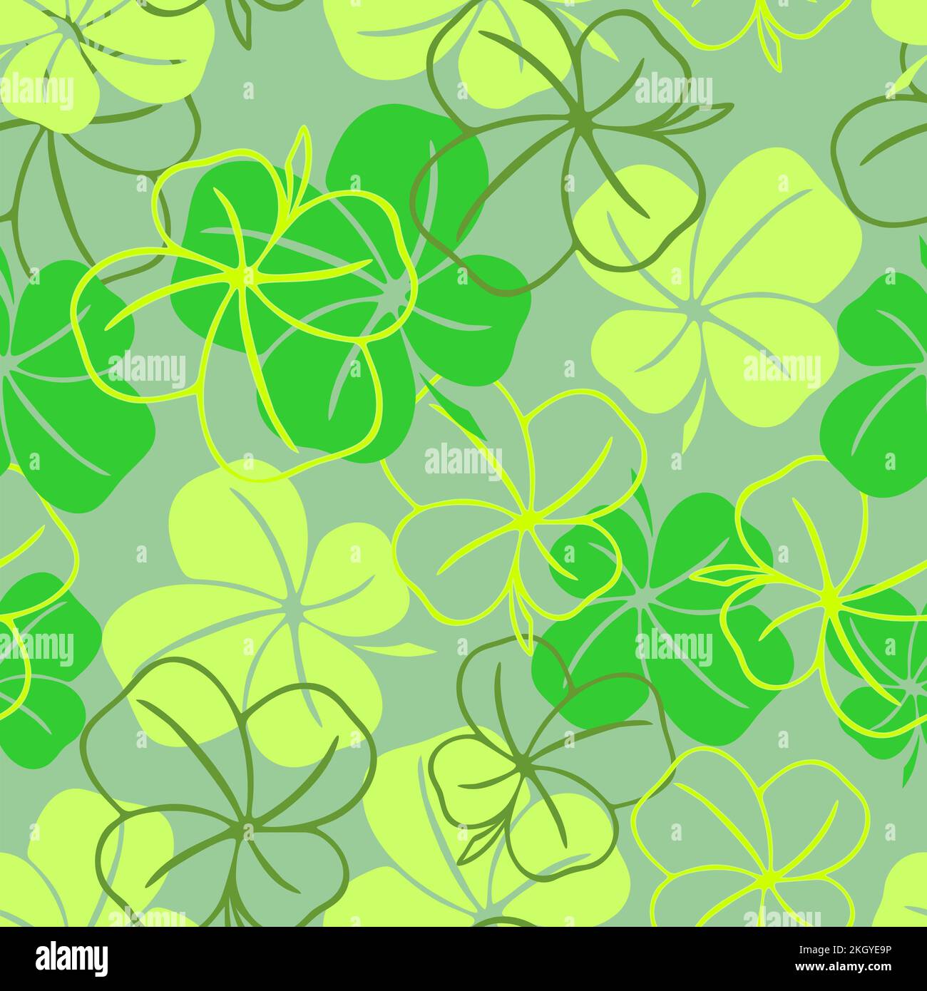 seamless pattern of green contours and silhouettes of a four-leaf clover on a pale green background, texture design Stock Photo