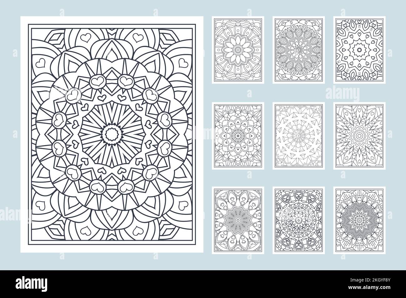 Decoration mandala flower KDP interior line art vector. Mandala coloring page pattern bundle. Mandala pattern set. Kids coloring page. Mandala colorin Stock Vector