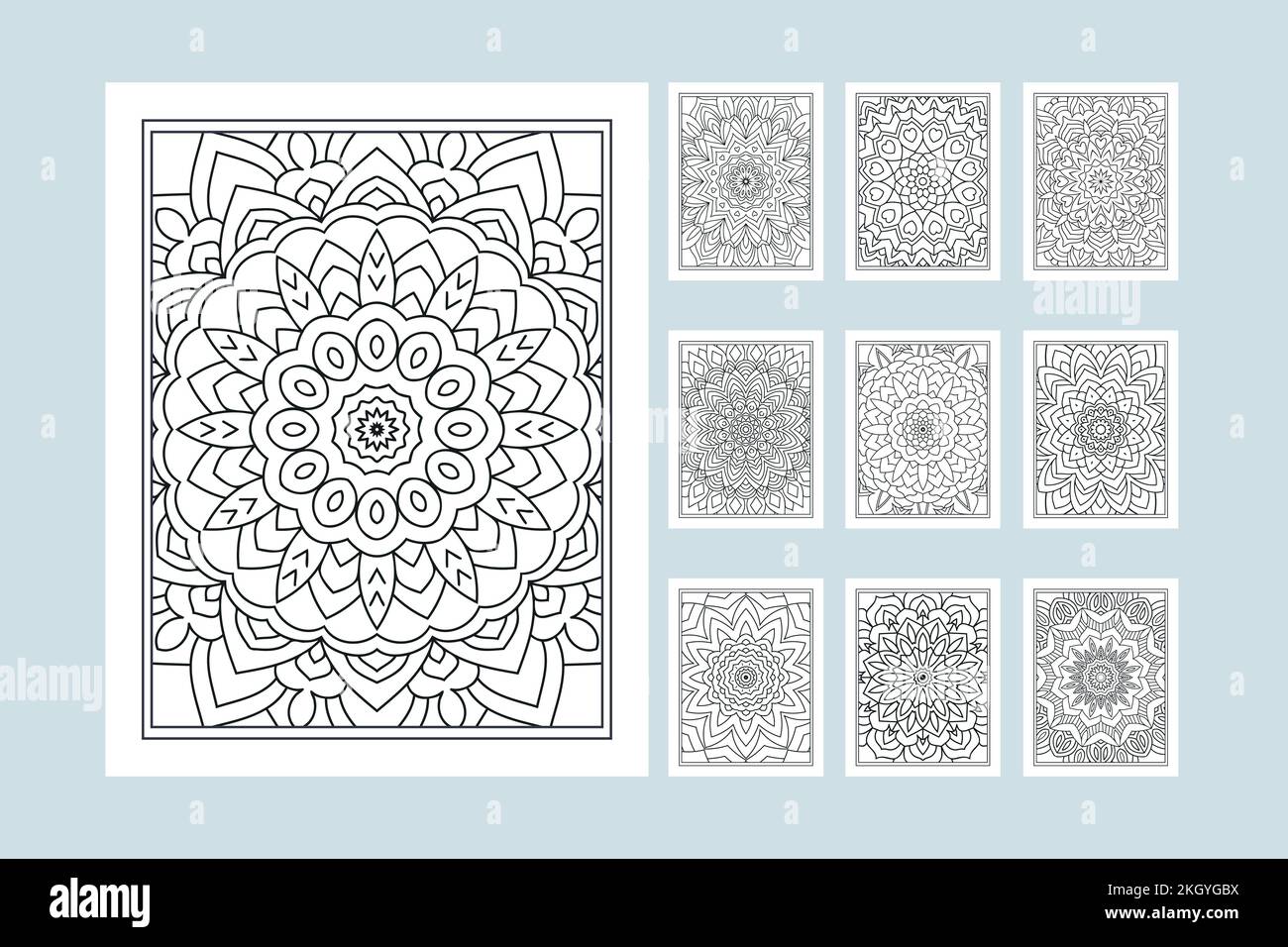 Flower mandala pattern bundle for coloring pages KDP interior. Traditional Indian style mandala ornament set. KDP interior coloring page for kids. Man Stock Vector