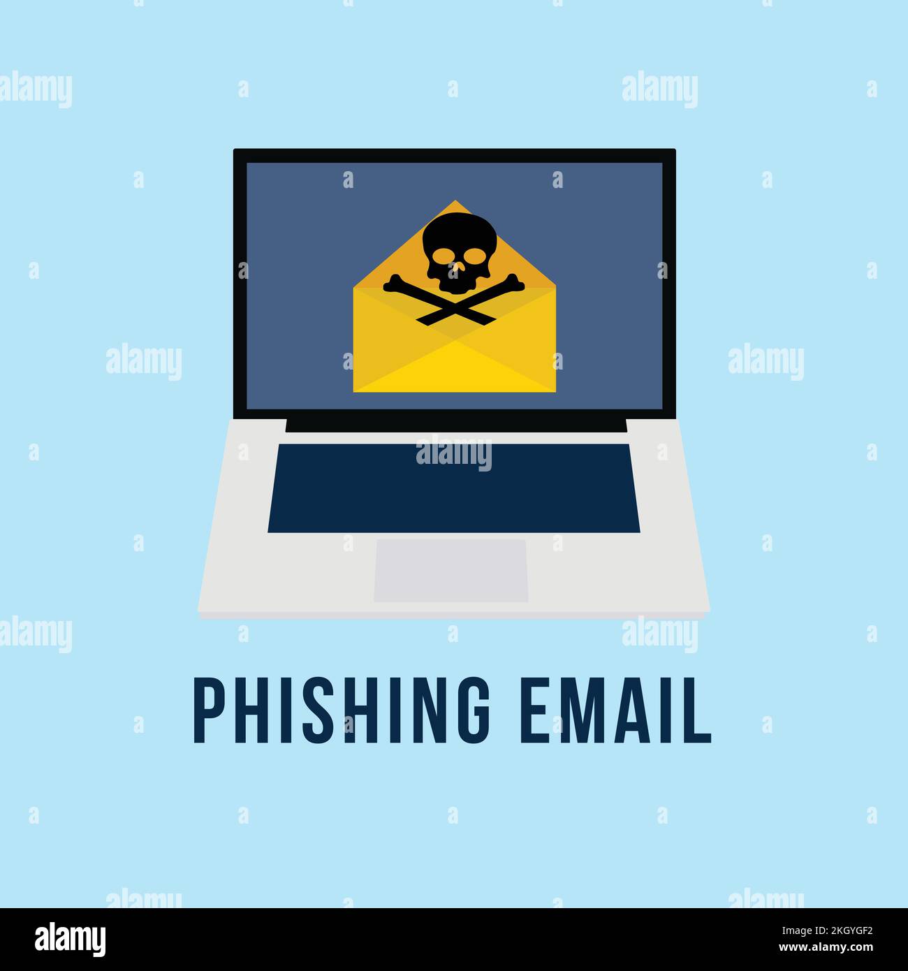 Phishing email with a skull sign vector. Computer hacker spam mail. Password login with a phishing email. Online scam mail on a laptop. Danger sign in Stock Vector
