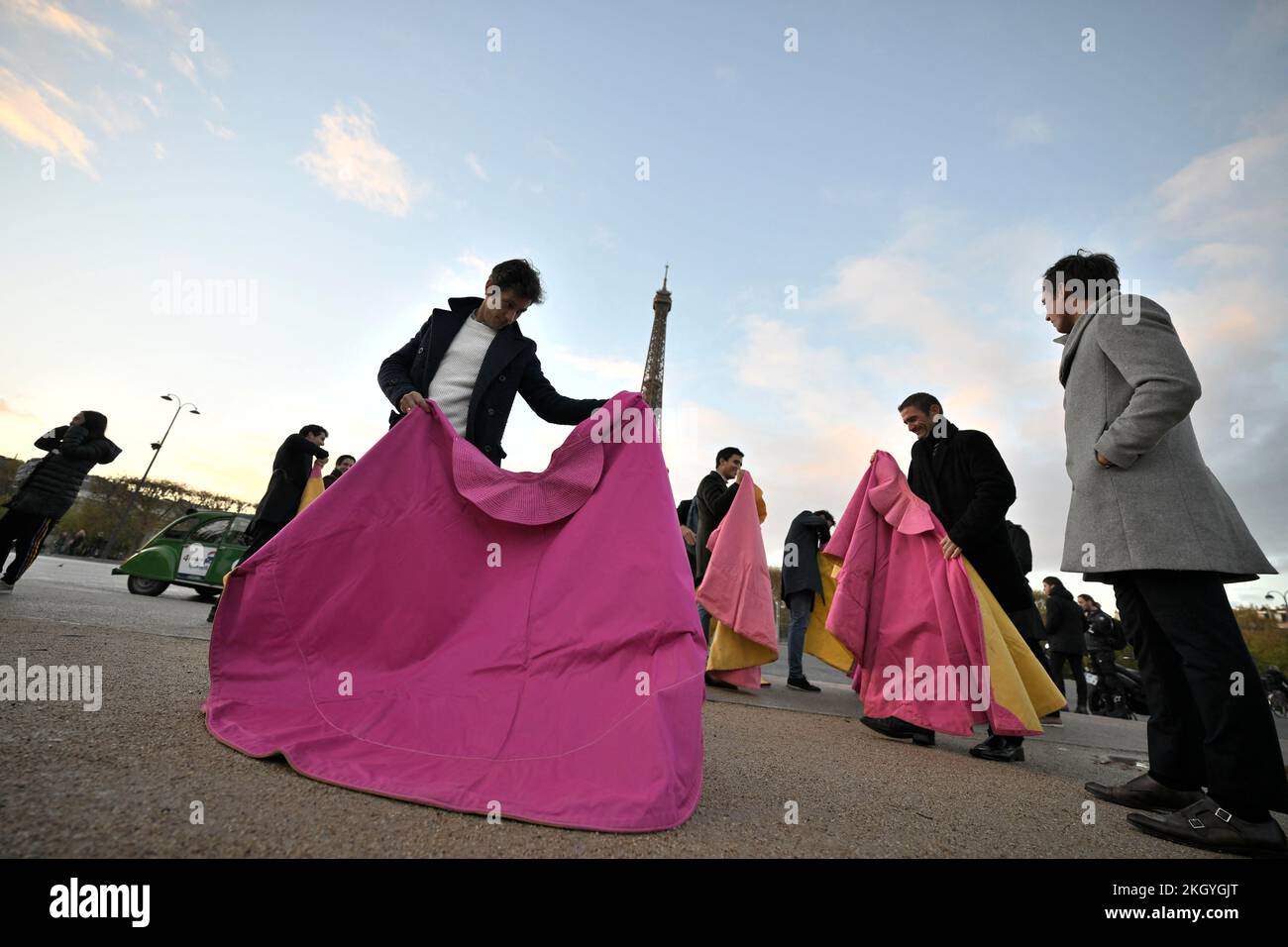 Exclusive - 13 French Bullfighters (Toreros) protesting in front of the Eiffel tower in Paris, France on November 23, 2022 as French parliament's law commission have rejected calls for a ban on bullfighting, a full vote on the issue is scheduled for 24 November, the first time the National Assembly will consider banning the traditional practice. The Bullfighters are: Marc Serrano, Julien Lescarret, Thomas Dufau, Tibo Garcia, Yannis Djenniba « El Adoureno » , Dorian Canton, Adrien Salenc, Rafi Raucoule « El Rafi », Maxime Solera, Carlos Olsina, Jean-Baptiste Molas, Solal Calmet « Solalito », Ni Stock Photo