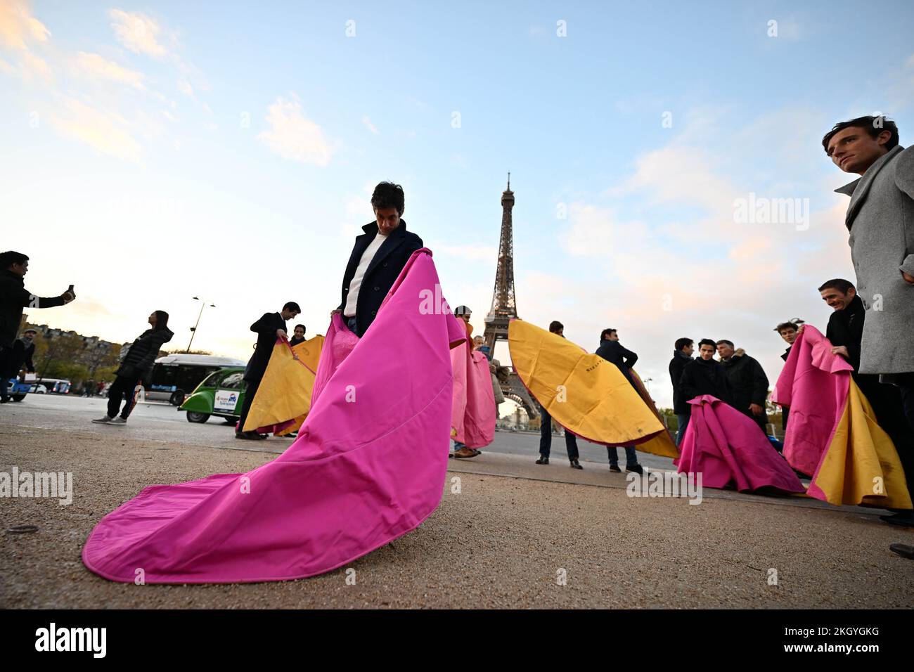 Exclusive - 13 French Bullfighters (Toreros) protesting in front of the Eiffel tower in Paris, France on November 23, 2022 as French parliament's law commission have rejected calls for a ban on bullfighting, a full vote on the issue is scheduled for 24 November, the first time the National Assembly will consider banning the traditional practice. The Bullfighters are: Marc Serrano, Julien Lescarret, Thomas Dufau, Tibo Garcia, Yannis Djenniba « El Adoureno » , Dorian Canton, Adrien Salenc, Rafi Raucoule « El Rafi », Maxime Solera, Carlos Olsina, Jean-Baptiste Molas, Solal Calmet « Solalito », Ni Stock Photo