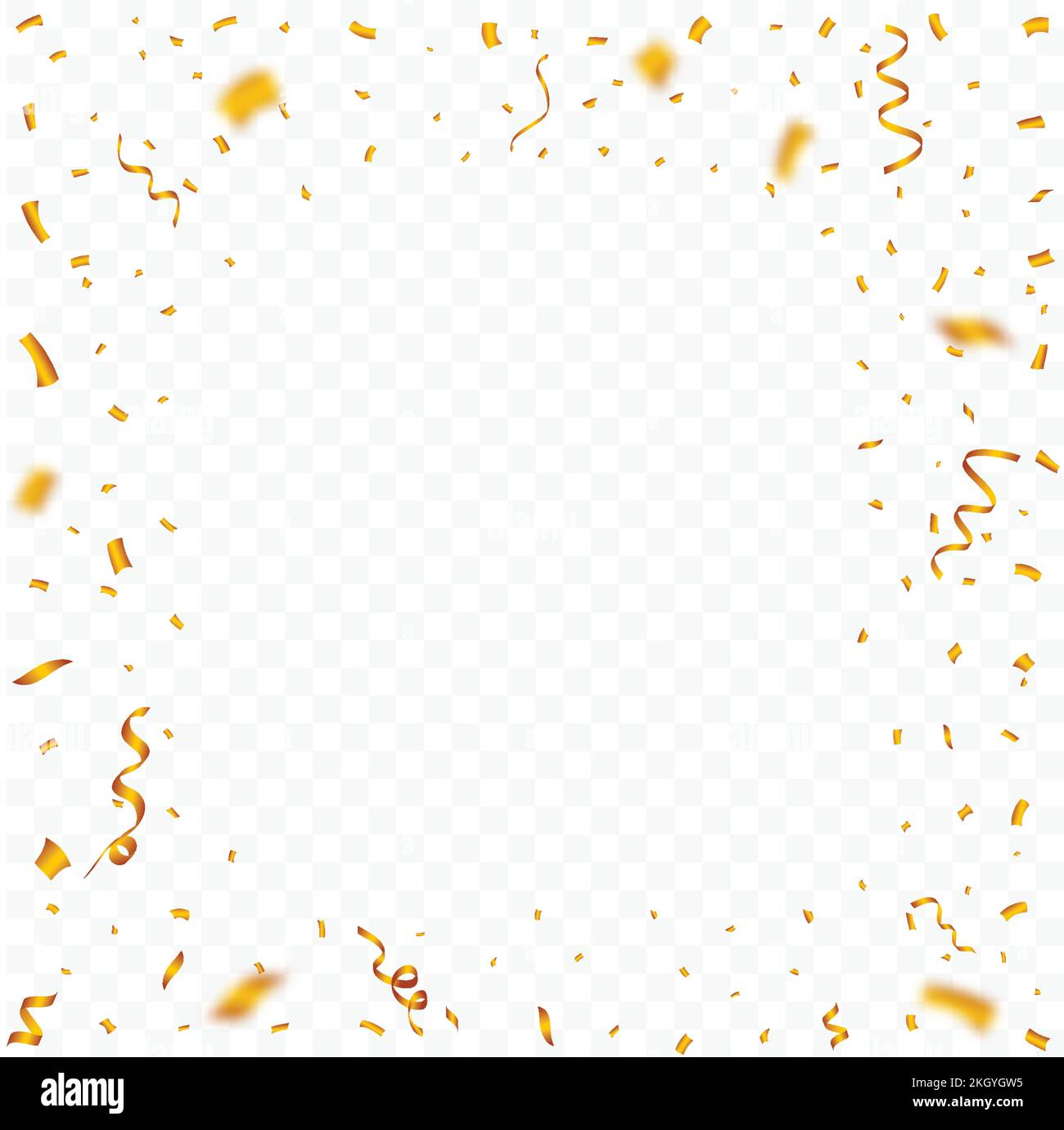 Confetti frame vector for the birthday background. Golden party element ribbon and confetti falling. Golden confetti frame isolated on transparent bac Stock Vector