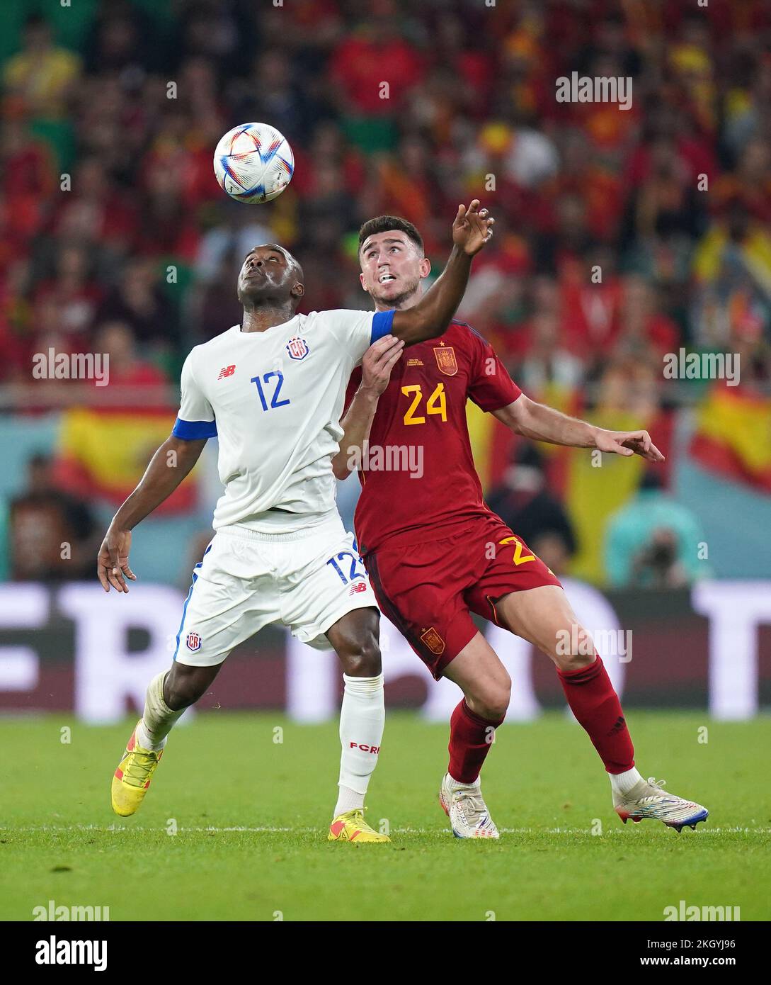 Costa Rica's Joel Campbell (left) and Spain's Aymeric Laporte battle for the ball during the FIFA World Cup Group E match at the Al Thumama Stadium, Doha. Picture date: Wednesday November 23, 2022. Stock Photo