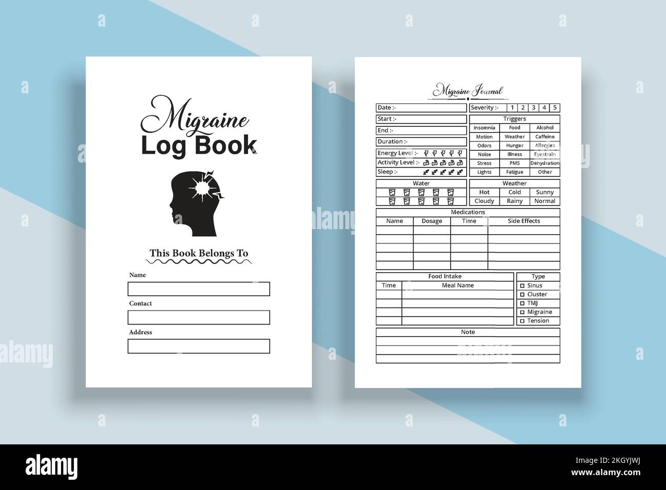 kdp-interior-migraine-tracker-notebook-template-headache-medication-planner-and-pain-tracker-log-book-interior-kdp-interior-journal-migraine-pain-t-stock-vector-image-art-alamy