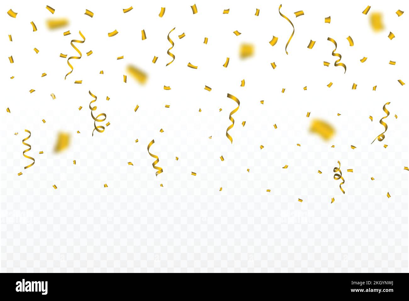 Confetti vector illustration for the carnival background. Golden party tinsel and confetti falling. Golden confetti isolated on transparent background Stock Vector