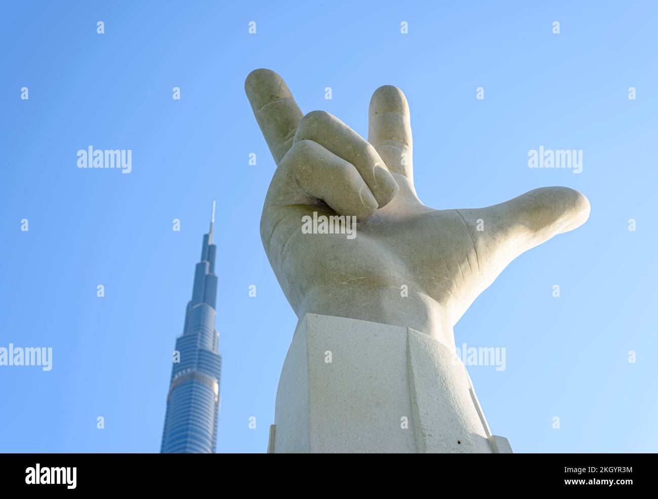 The three-finger salute sculpture made famous by His Highness Sheikh Mohammed bin Rashid Al Maktoum. It symbolises WIN VICTORY LOVE and is an innovati Stock Photo