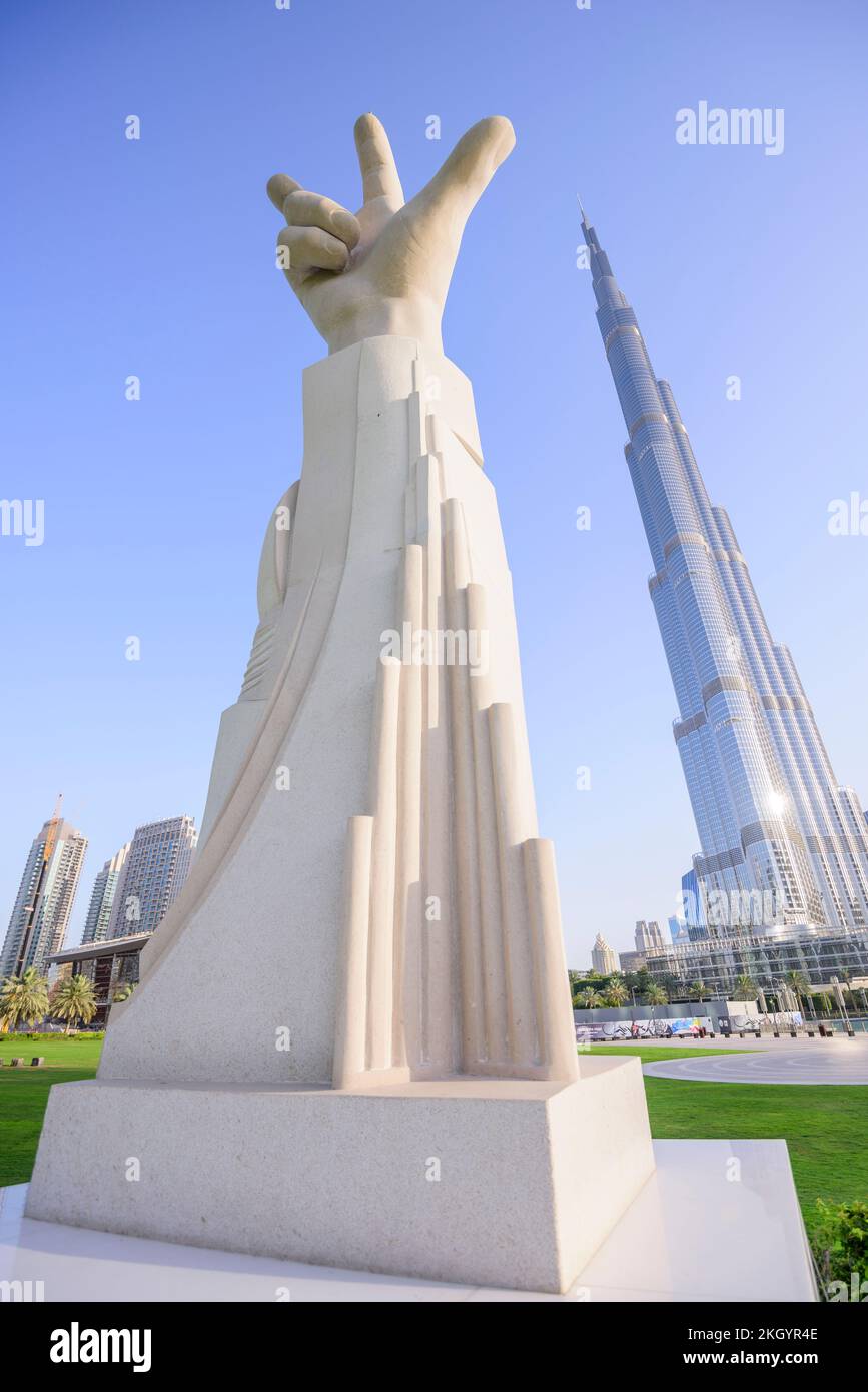 The three-finger salute sculpture made famous by His Highness Sheikh Mohammed bin Rashid Al Maktoum. It symbolises WIN VICTORY LOVE and is an innovati Stock Photo