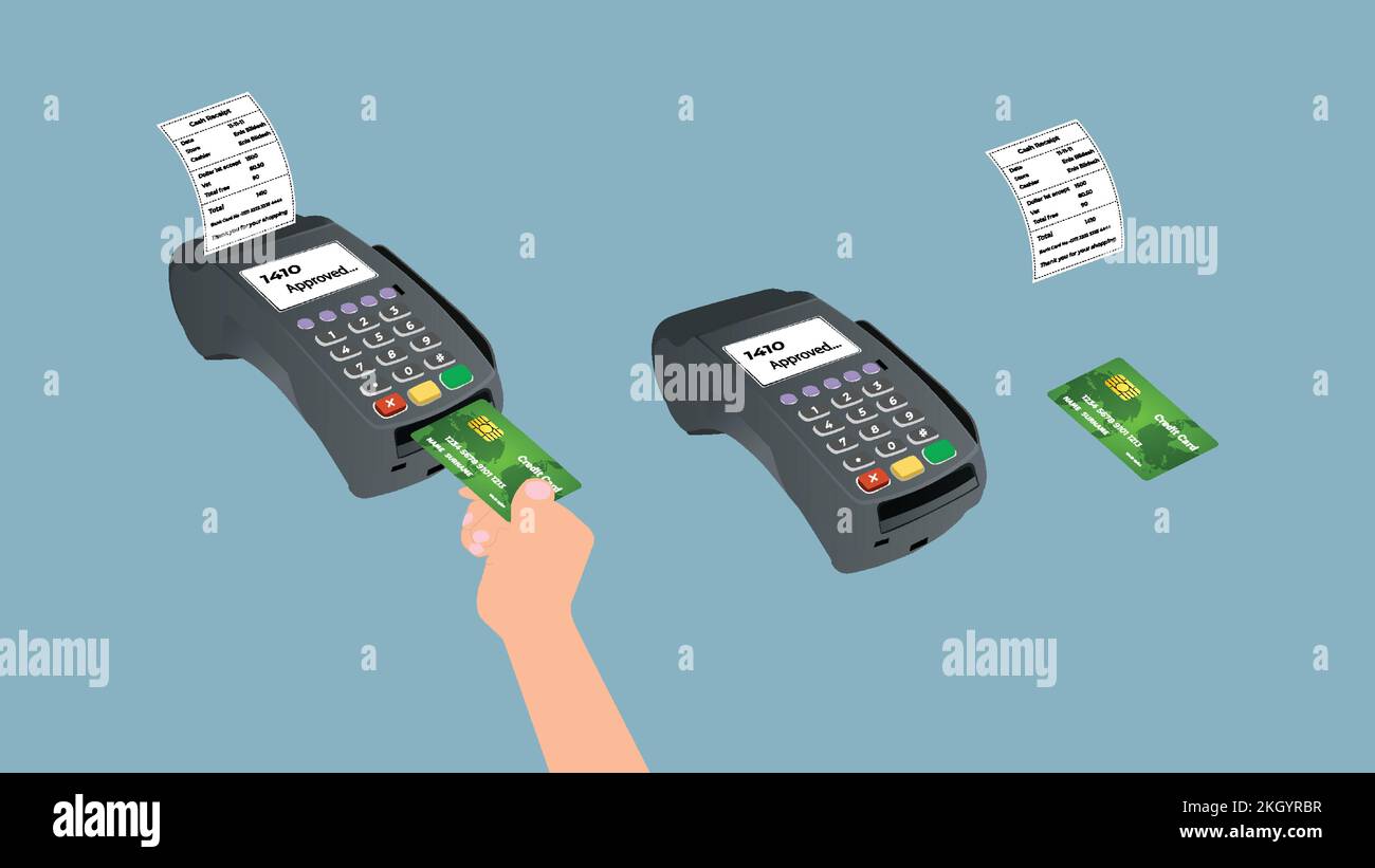 Credit card reader with a hand vector. Flat illustration of a hand holding credit card. Flat credit card reader with a cash receipt and human hand. On Stock Vector