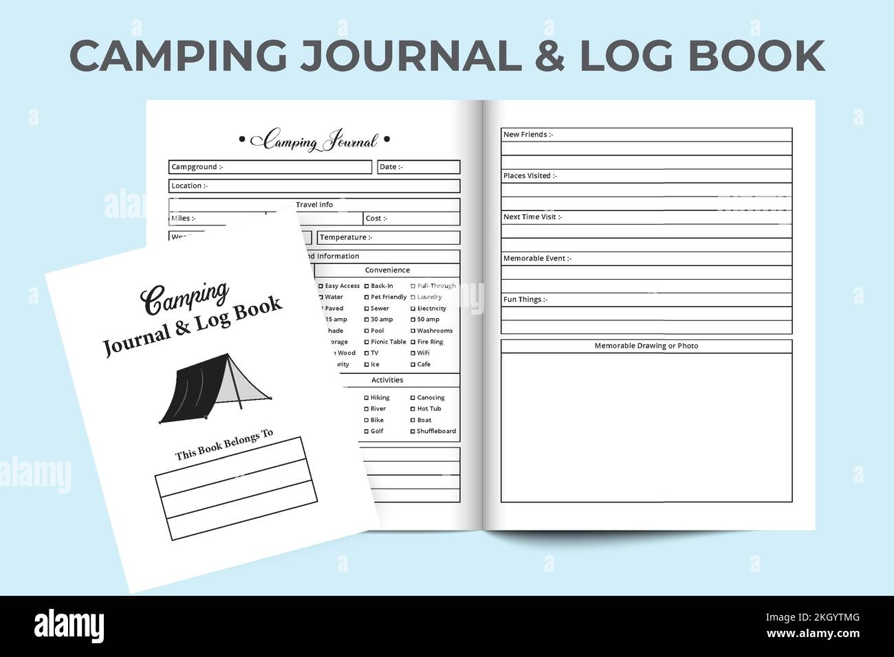 Camping journal log book KDP interior. Camp information tracker and experience notebook. KDP interior journal. Camping location tracker logbook interi Stock Vector