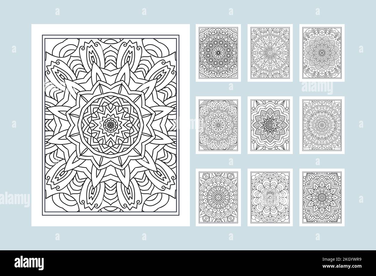 Flower mandala pattern bundle for coloring pages KDP interior. Mandala decoration ornament bundle line art vector. KDP interior coloring page for kids Stock Vector