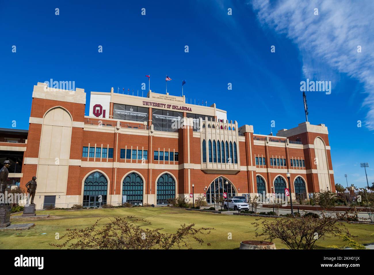 Norman, OK - November 2022: The Switzer Center in front of The Gaylord Family Oklahoma Memorial Stadium on the campus of the University of Oklahoma Stock Photo