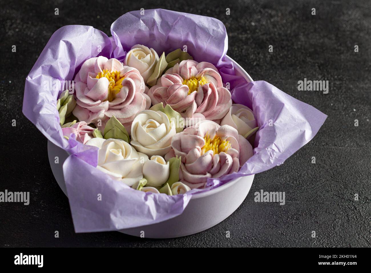 Homemade marshmallows in a gift box. delicate design card Stock Photo