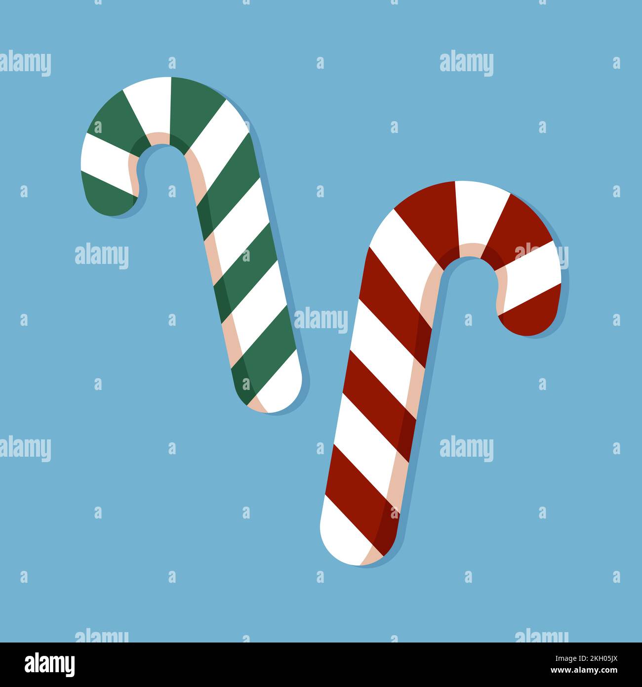 Two christmas striped candy canes. Vector illustration isolated on blue background. Stock Vector