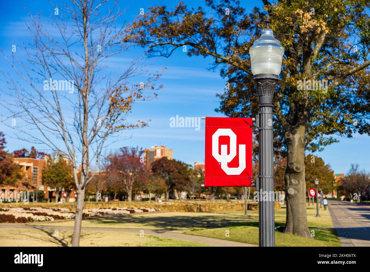 Norman, OK - November 2022: University of Oklahoma banner with logo, on campus Stock Photo