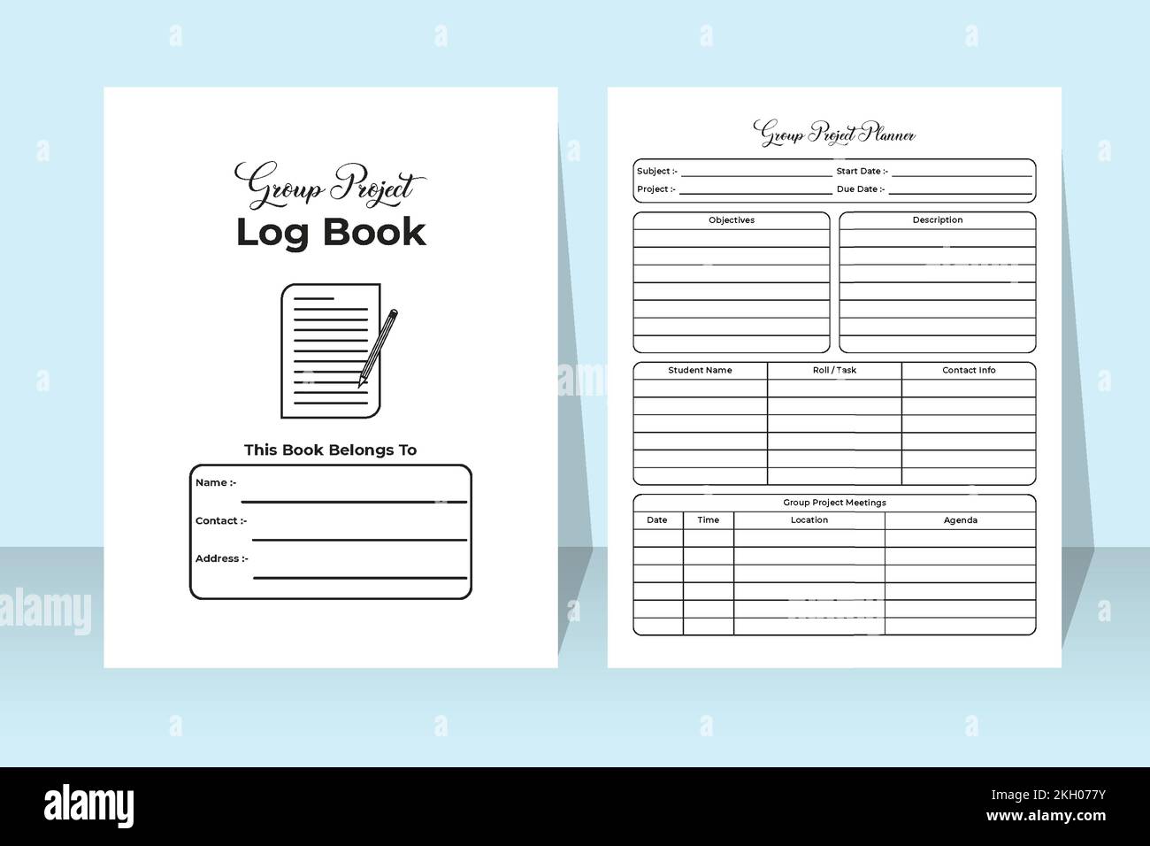 Group project logbook KDP interior. School group project tracker and students information checker template. KDP interior journal. Study project planne Stock Vector
