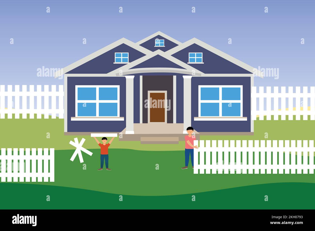 Little boy helping his father to build a fence for their house. Modern house vector with two men flat character. Building a fence and house with a lit Stock Vector