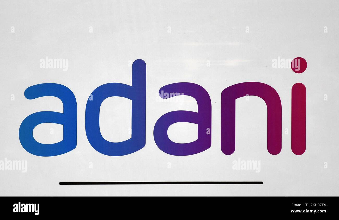 Adani logo is seen on a poster in Mumbai. Adani group is a diversified multinational business conglomerate dealing in energy, infrastructure, transport logistic enhancing lives and empowering India through growth. Stock Photo