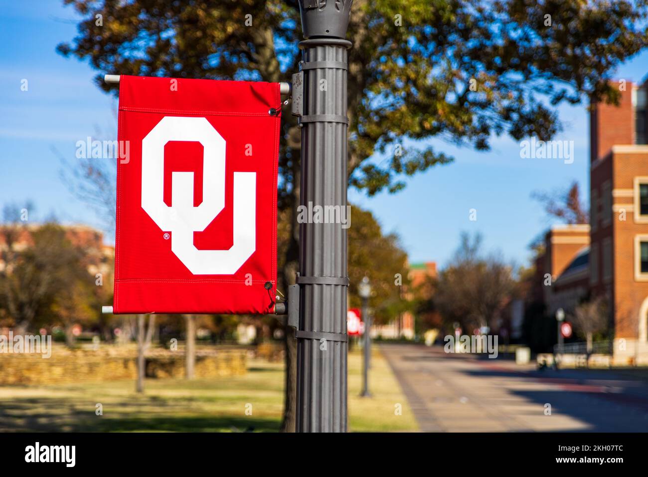 Norman, OK - November 2022: University of Oklahoma banner with logo, on campus Stock Photo