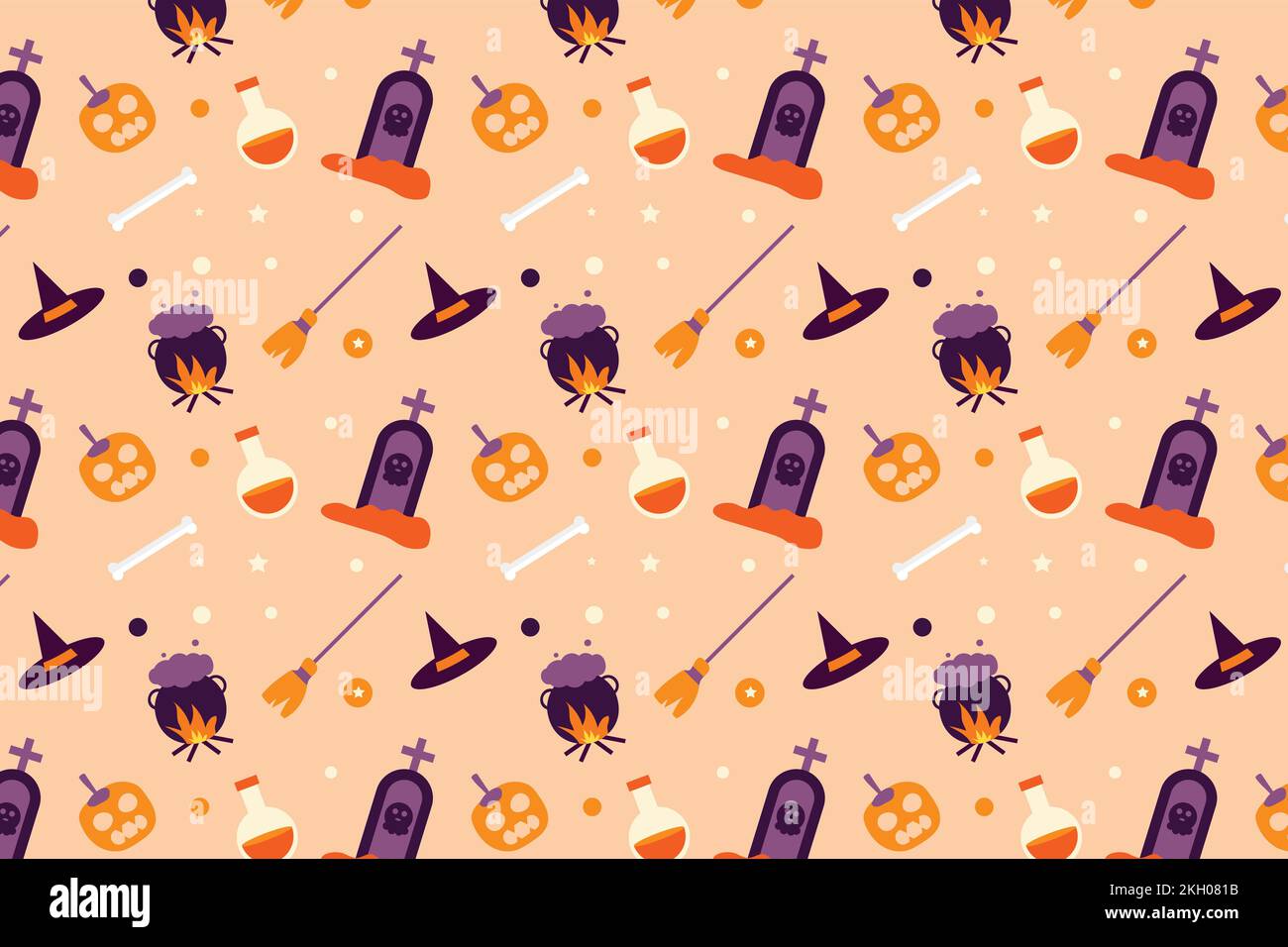 Halloween seamless pattern vector with broomsticks, poisons, and tombstones, Halloween minimal pattern decoration on an off-white background. Scary pa Stock Vector