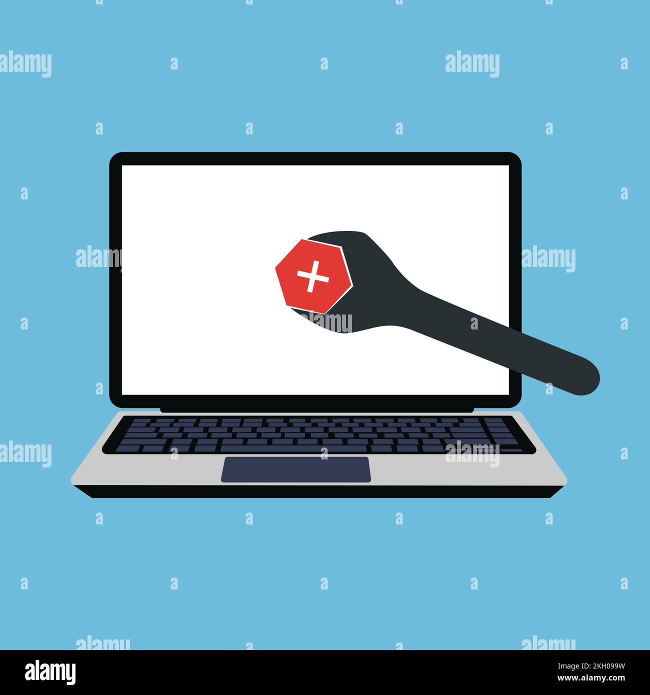 Fixing hardware or software on laptop concept vector. Wrench fixing computer program. Fixing computer bug or error with a mechanic wrench flat illustr Stock Vector