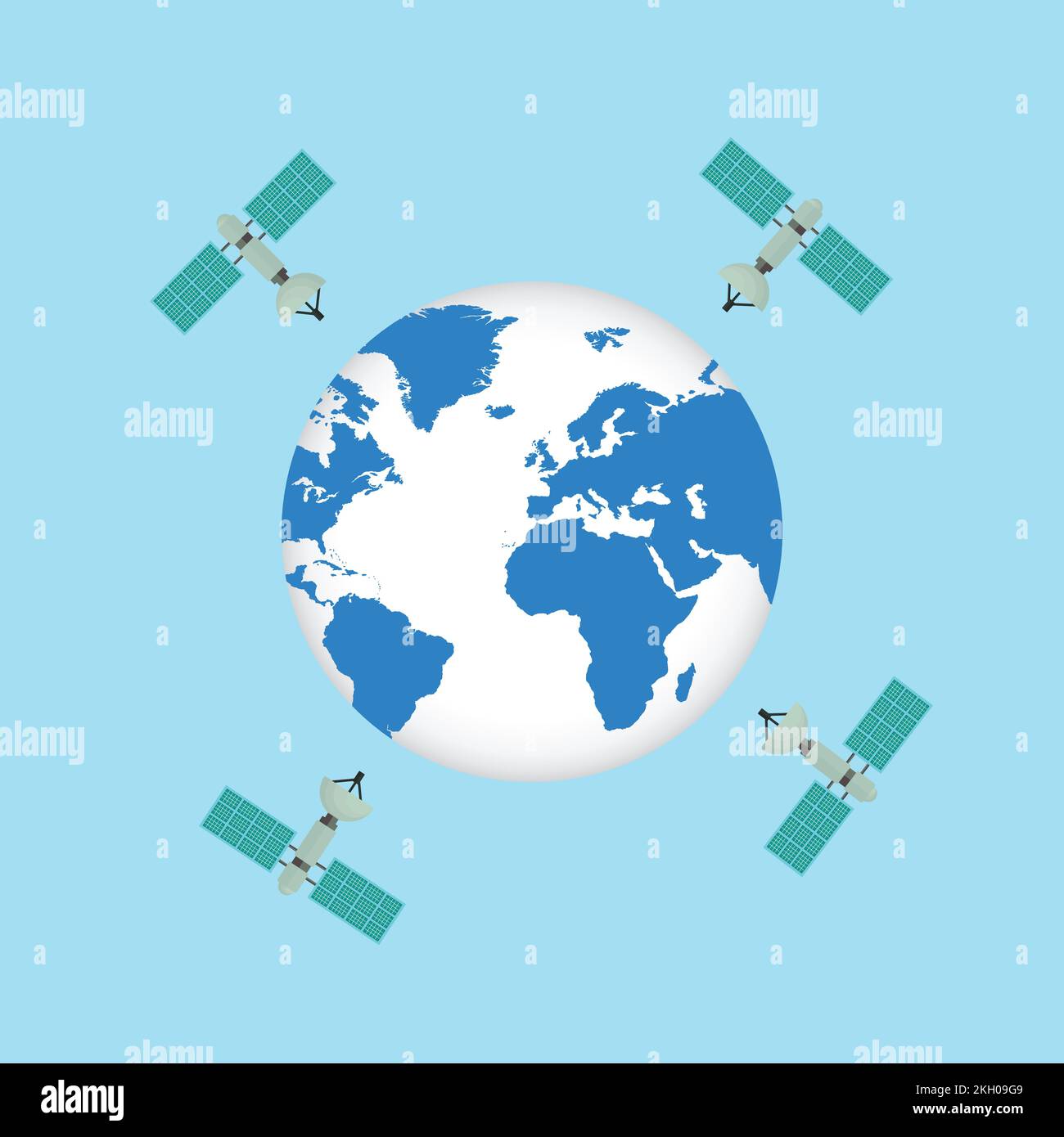 Satellite around world globe vector. Satellites are running around the world concept. Communication satellite flying orbital spaceflight around the ea Stock Vector