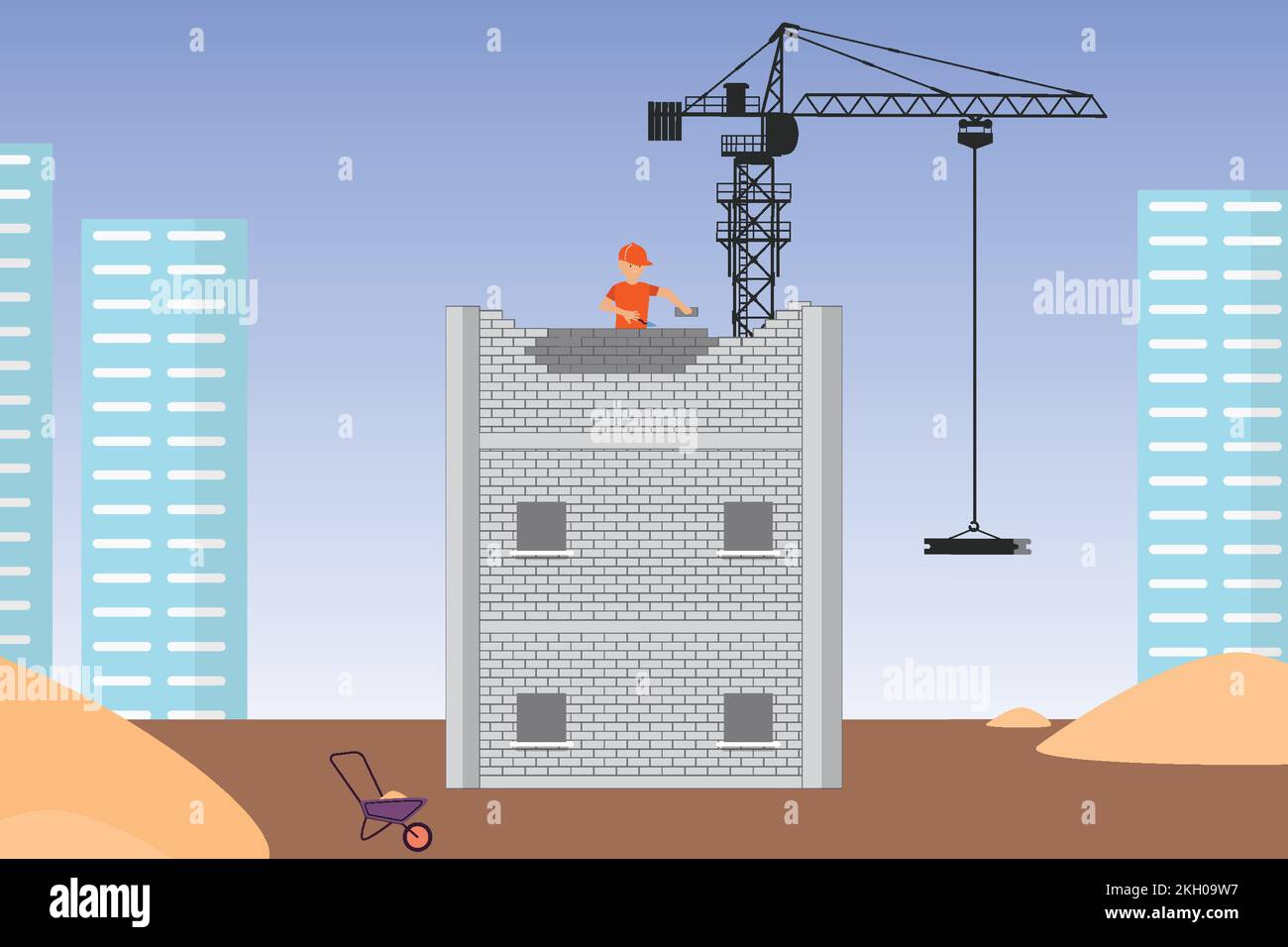A mason constructing a building with his hand vector. Under construction site with a crane, buildings, and bricks. Building workers construct building Stock Vector