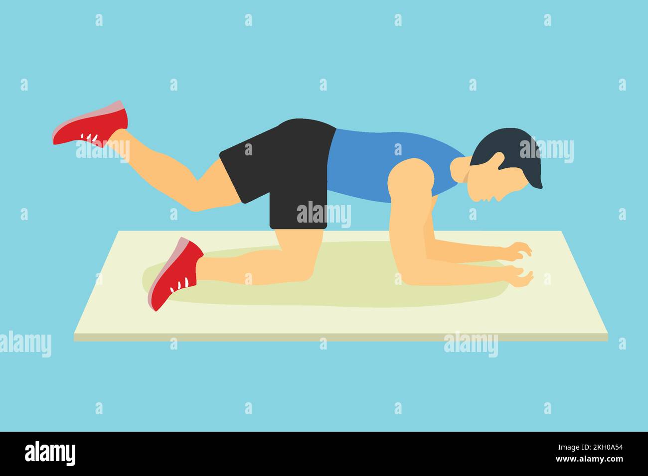 Man doing leg stretching exercise for thigh muscles vector. Boy doing