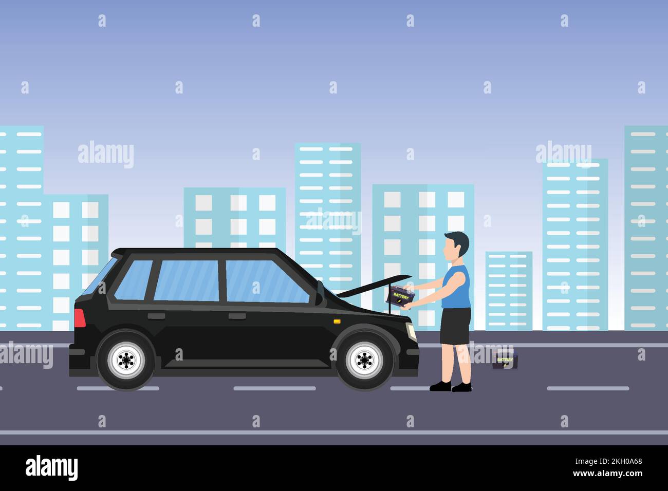 A Man Replacing The Car Battery On An Urban Road Vector Flat Boy A Man Replacing The Car Battery On An Urban Road Vector Flat Boy