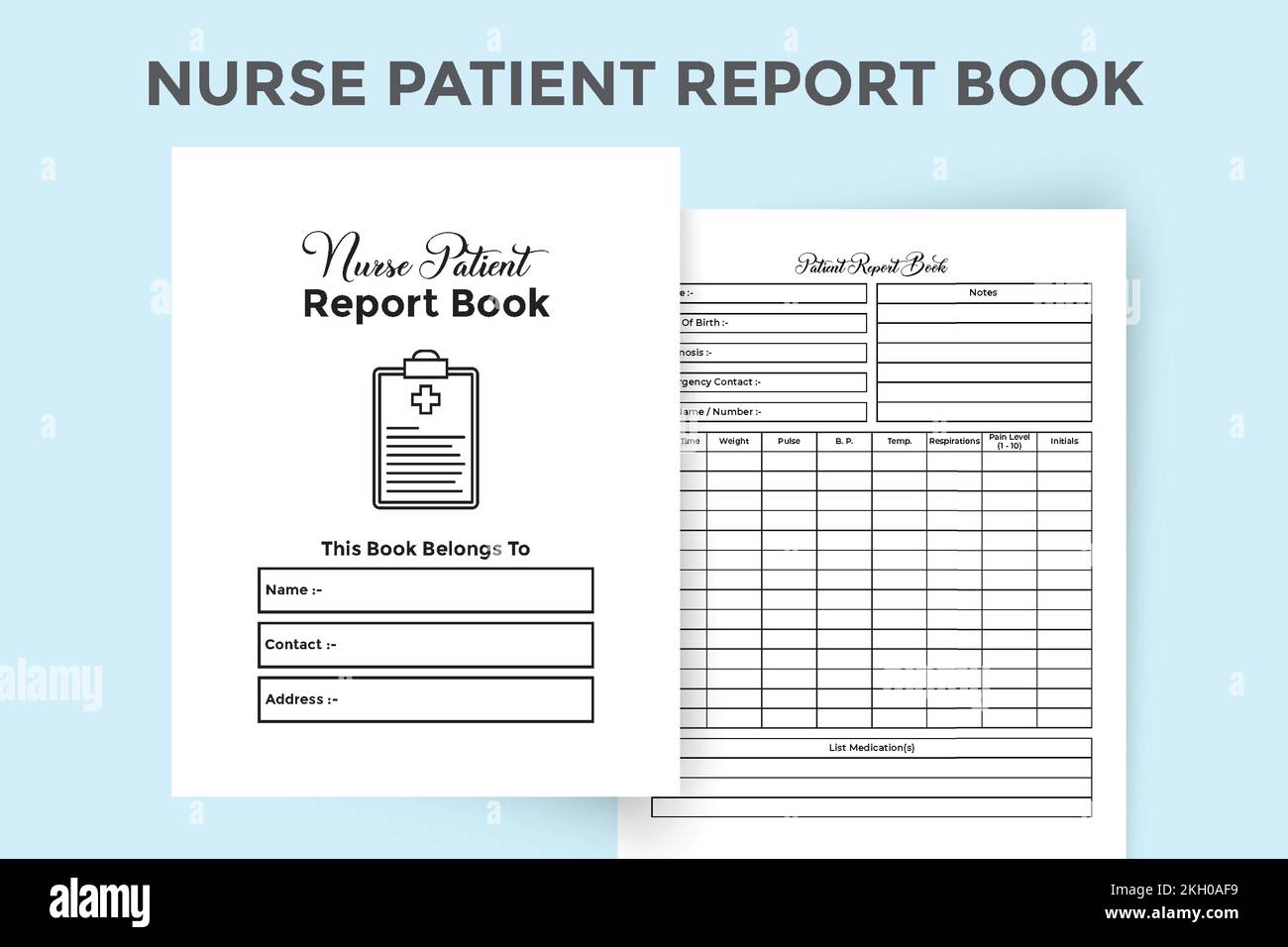 Nurse patient report journal KDP interior. Nurse patient admission info tracker and medicine logbook template. KDP interior notebook. Medical nurse in Stock Vector