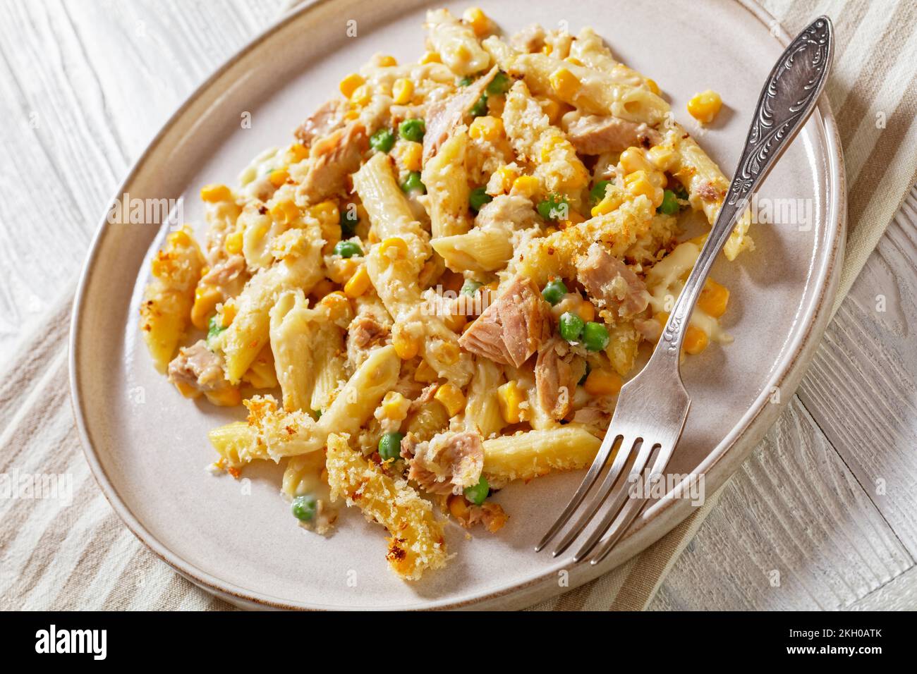 portion of Tuna Mornay, Creamy Tuna Casserole Penne Pasta Bake on plate