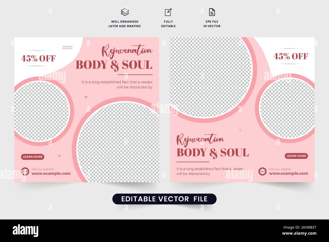 Spa center promotional web banner design with red and baby pink colors. Body treatment and wellness poster vector for marketing. Beauty salon social m Stock Vector