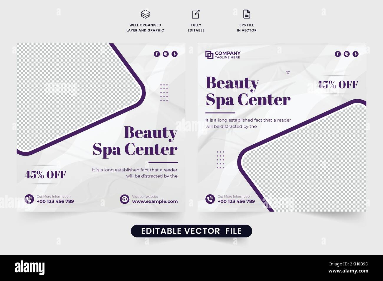Special beauty treatment social media post design with navy blue colors. Spa and beauty salon poster vector with photo placeholders. Spa center advert Stock Vector