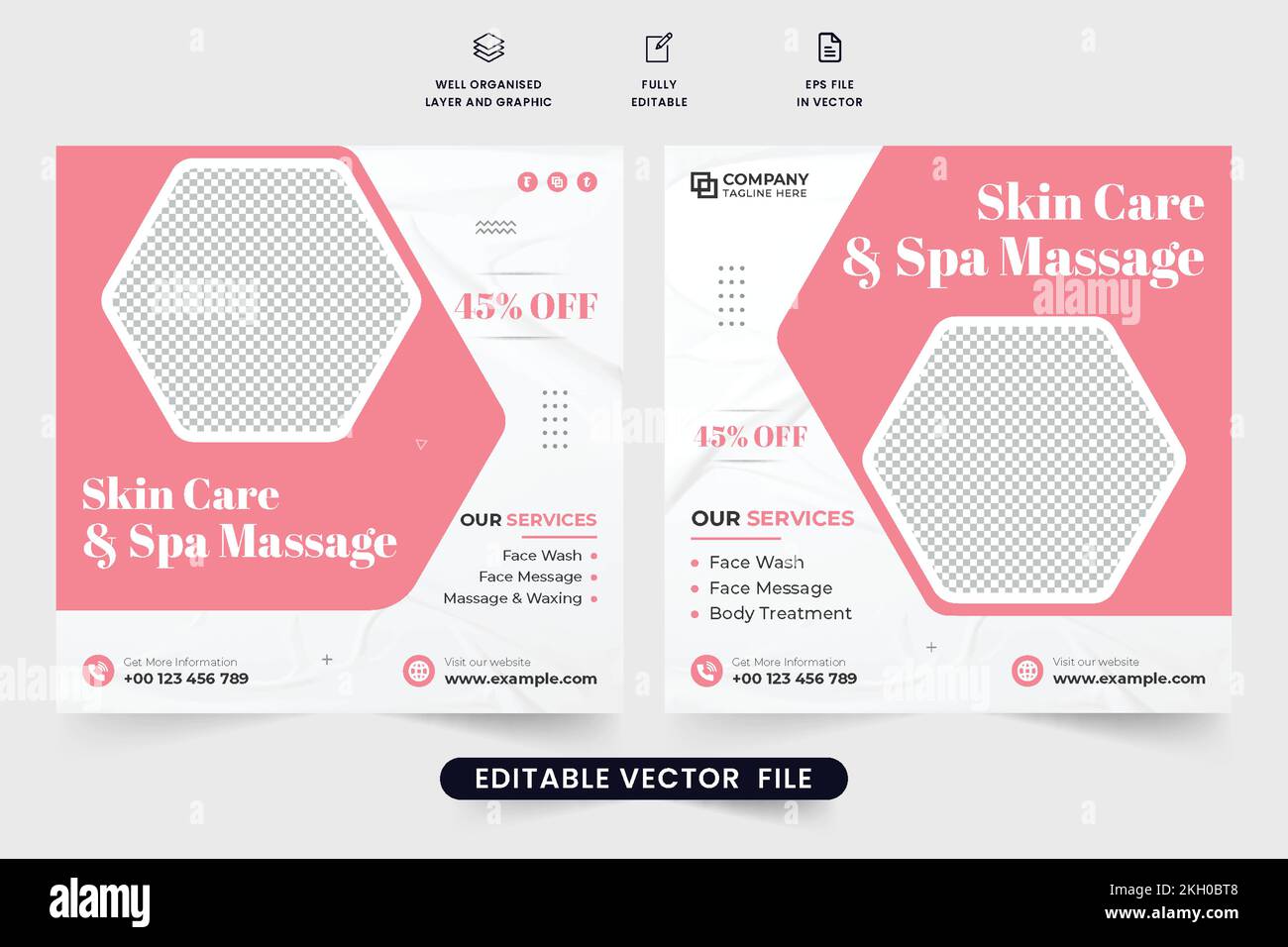 Spa massage and skincare treatment promotional poster design with pink and dark colors. Beauty center business advertisement template vector with phot Stock Vector