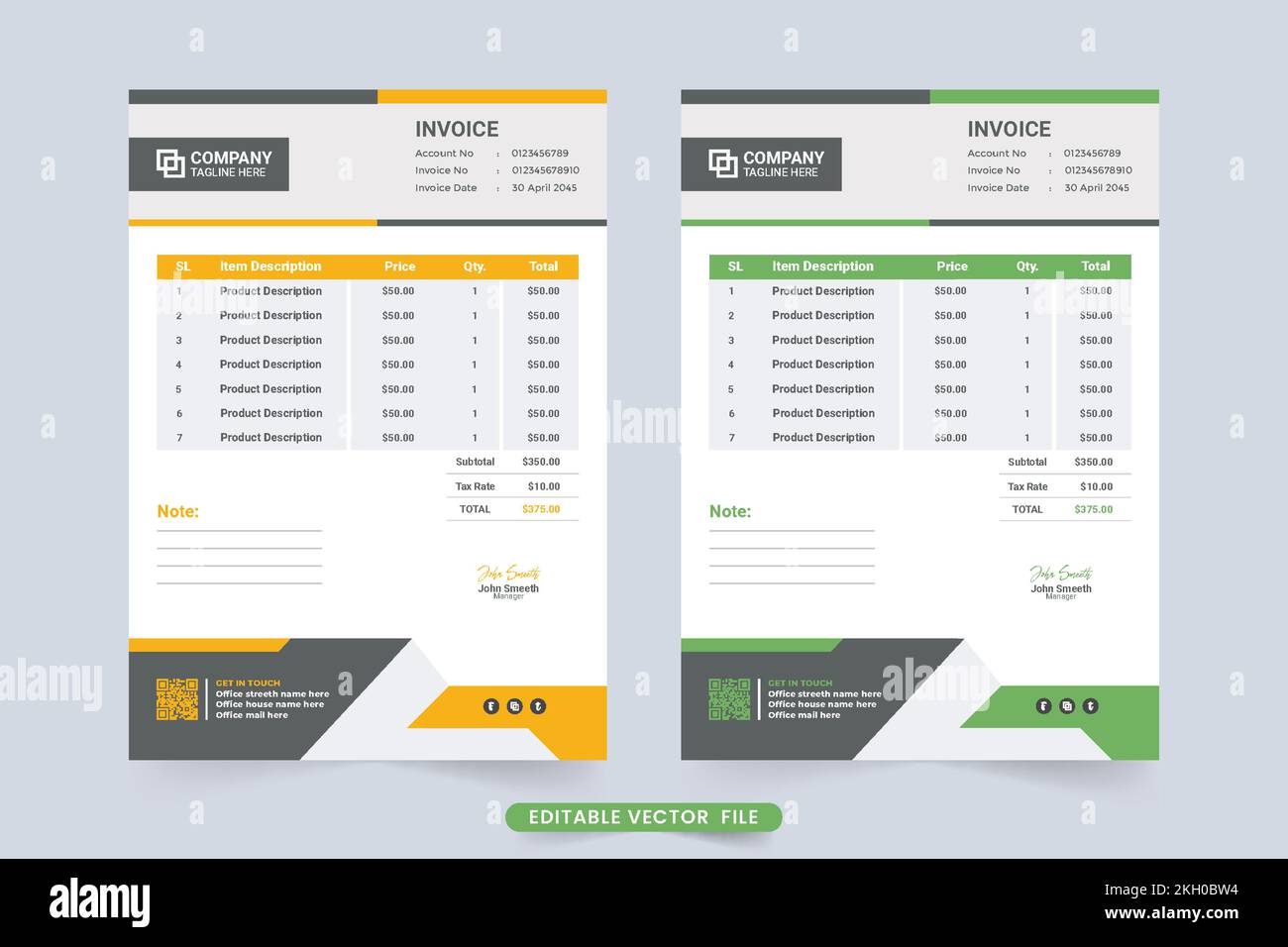 Product purchase and billing receipt design with yellow and green