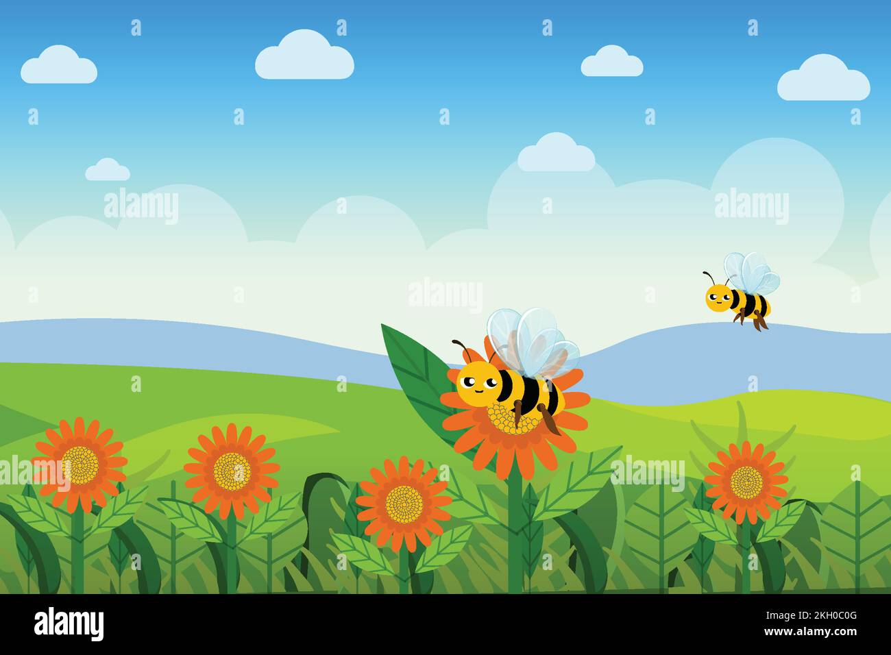Bees fly over the flower garden and collect honey from the plant vector concept. Cute smiling bees fly and collect nectar from the daisy flowers vecto Stock Vector