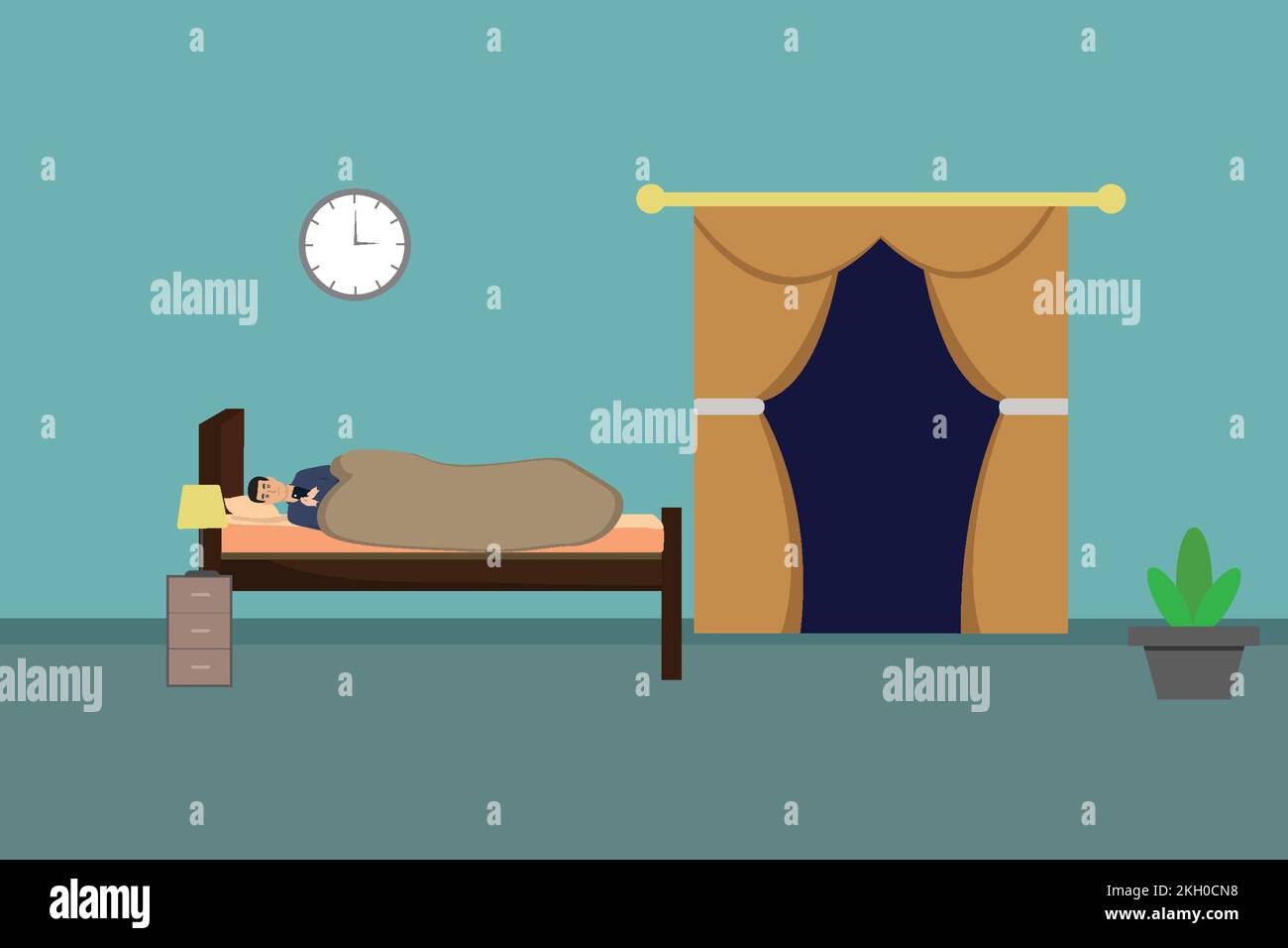 Man using mobile before sleep at night under blanket vector. Home