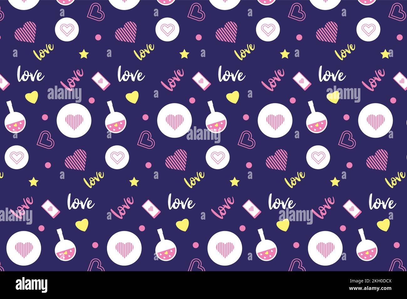 Cute seamless love pattern decoration with love poison and calligraphy. Abstract love pattern design for bed sheets, wallpapers, and book covers. Endl Stock Vector