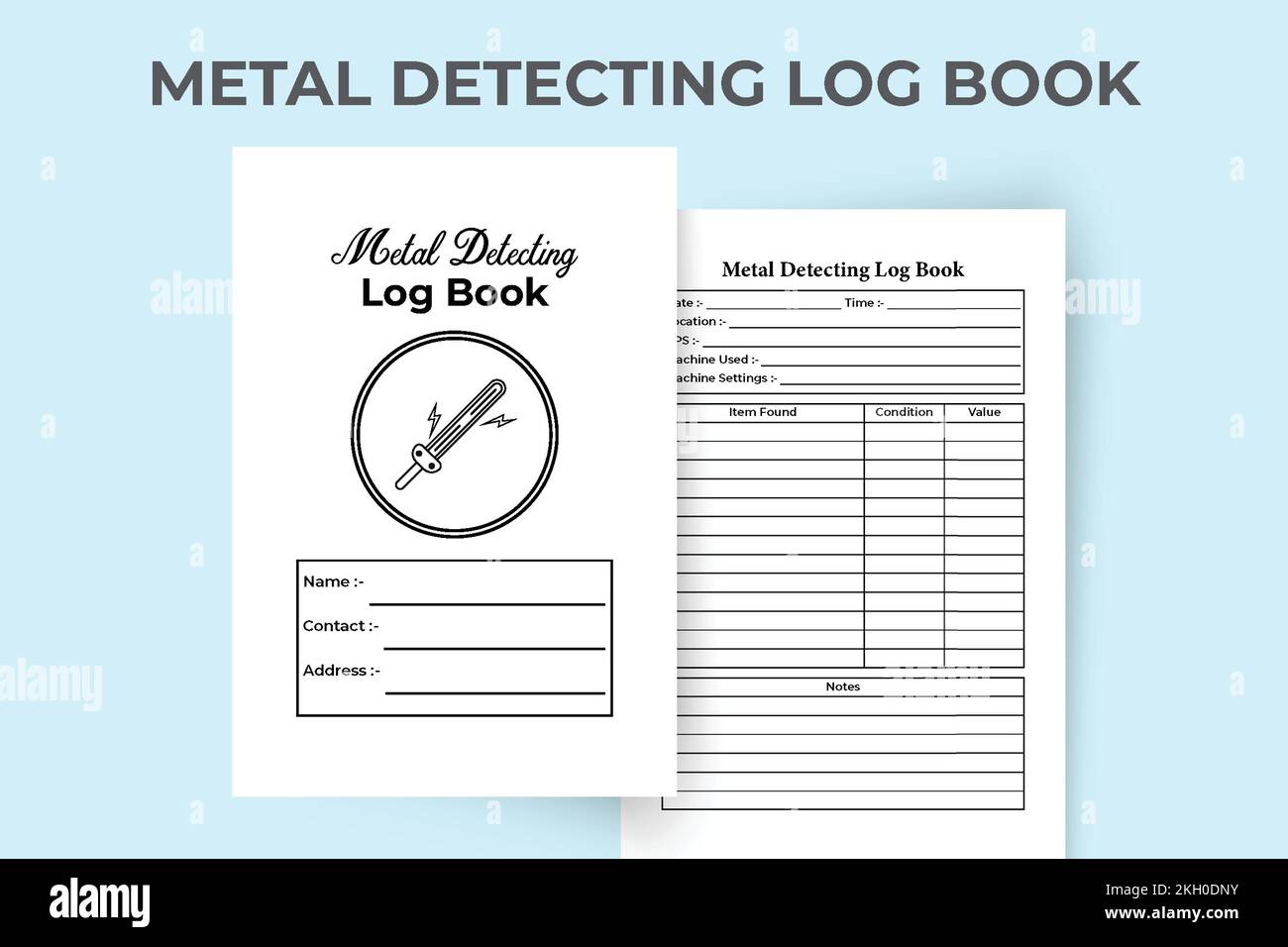 Metal detecting journal KDP interior. Daily digging work experience and item description log book template. KDP interior notebook. Metal detecting inf Stock Vector