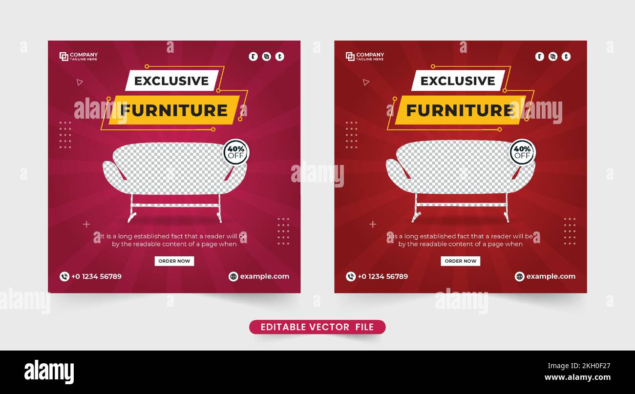 Modern furniture business social media post vector with red backgrounds