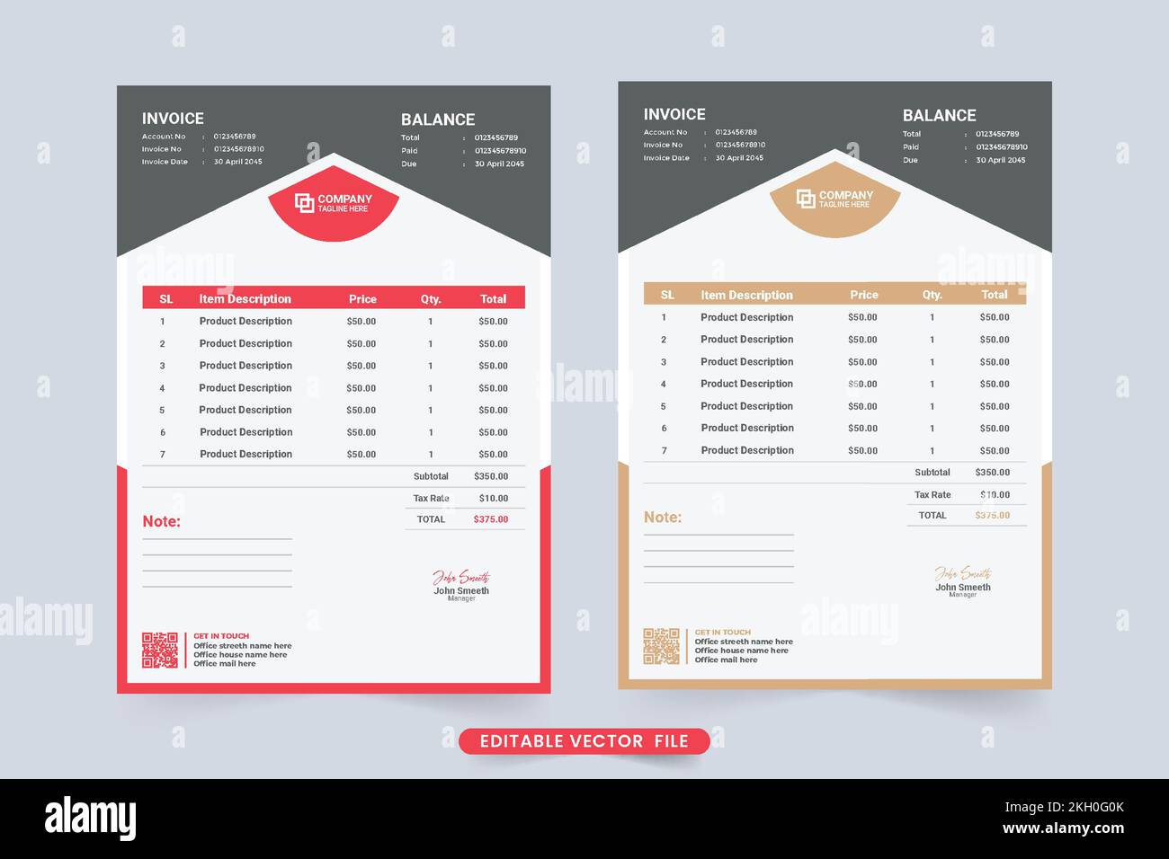 Company Invoice template design with red and brown colors. Payment receipt and purchase bill for corporate business organization. Creative invoice tem Stock Vector