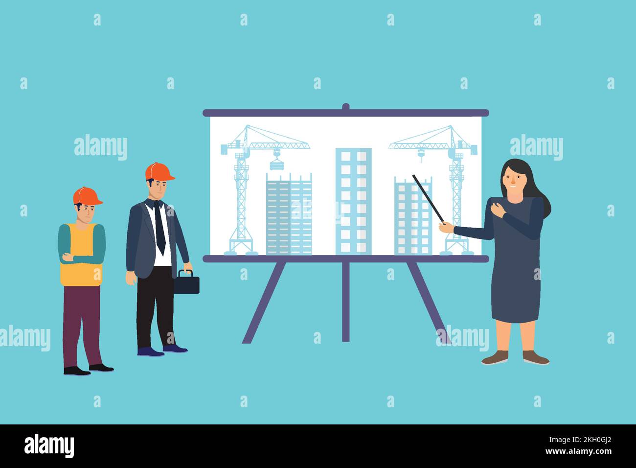 Architecture explaining work process to handyman workers vector. Male and female flat character design with a blueprint board. Working management conc Stock Vector