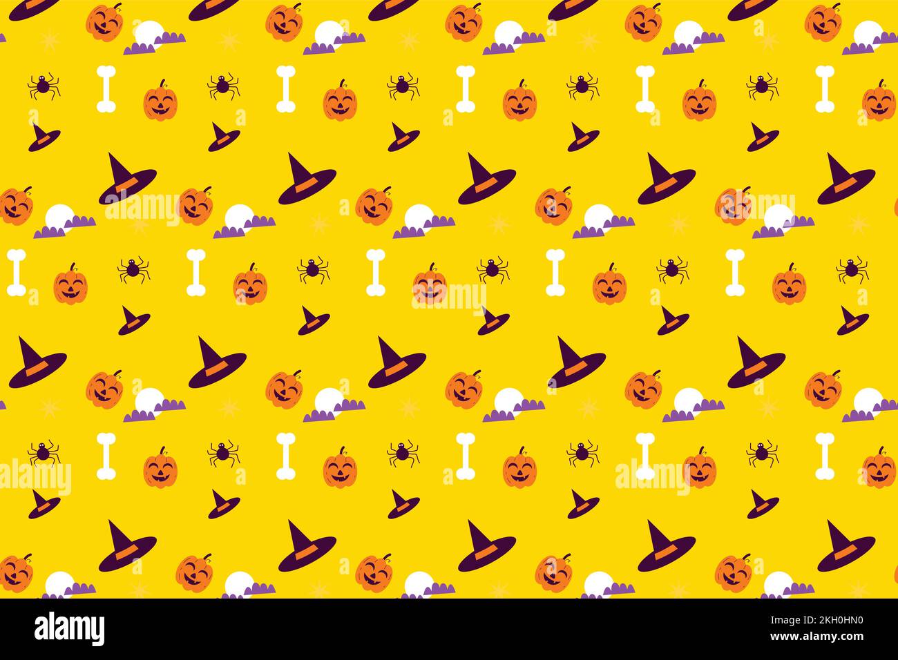 Abstract Halloween pattern decoration on a yellow background. Halloween seamless pattern vector with different elements. Minimal pattern decoration wi Stock Vector