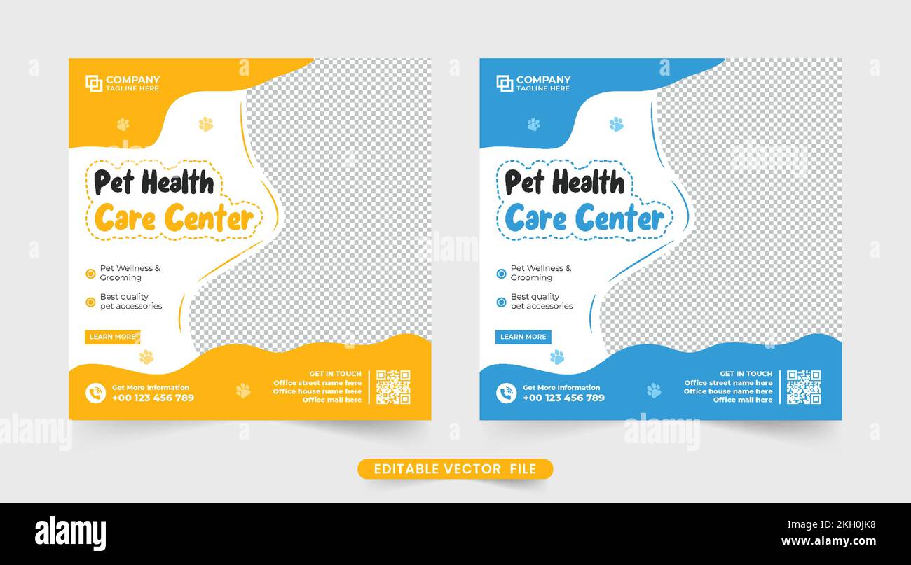 Pet care service social media post vector with yellow and blue colors. Pet veterinary web banner design with abstract shapes. Animal grooming and heal Stock Vector