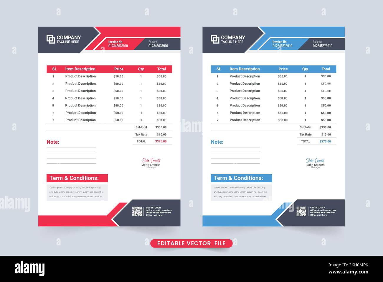 Cash receipt and minimal invoice template vector with abstract shapes. Corporate invoice design with blue and red colors. Payment receipt and agreemen Stock Vector
